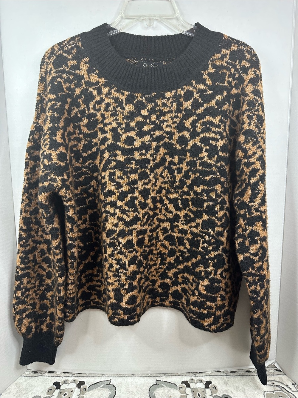 Jessica Simpson Black and Brown Leopard Print Crewneck Sweater, size Large, NWT